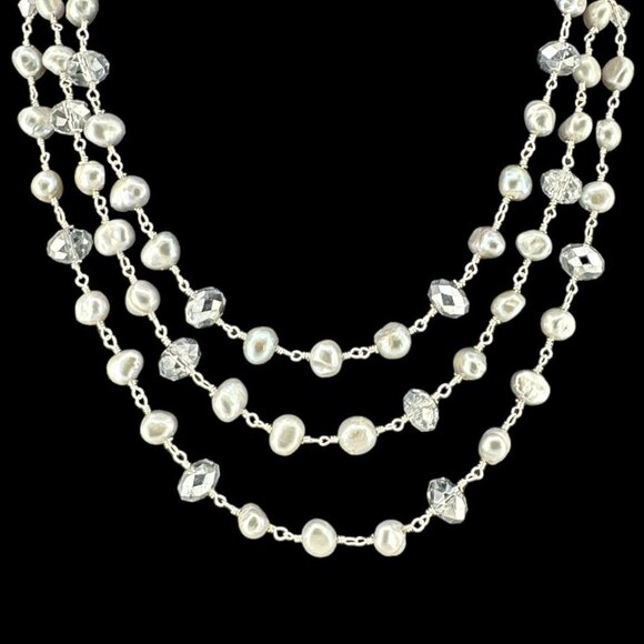 Layered Genuine Pearl & Faceted Glass Beads Link Necklace over Sterling Silver - Picture 2 of 9